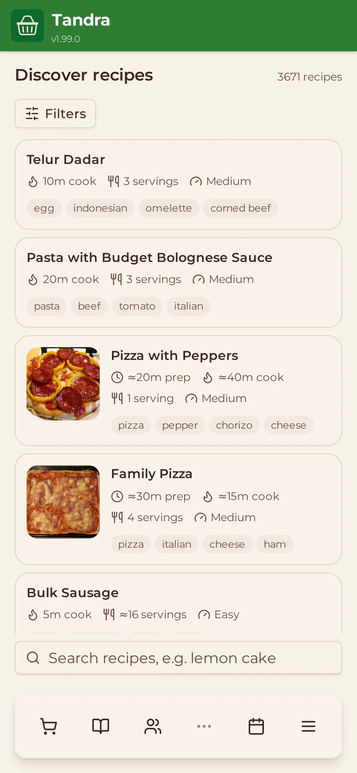 The Discover page in Tandra, listing recipes with cooking times, servings, difficulty and tags.