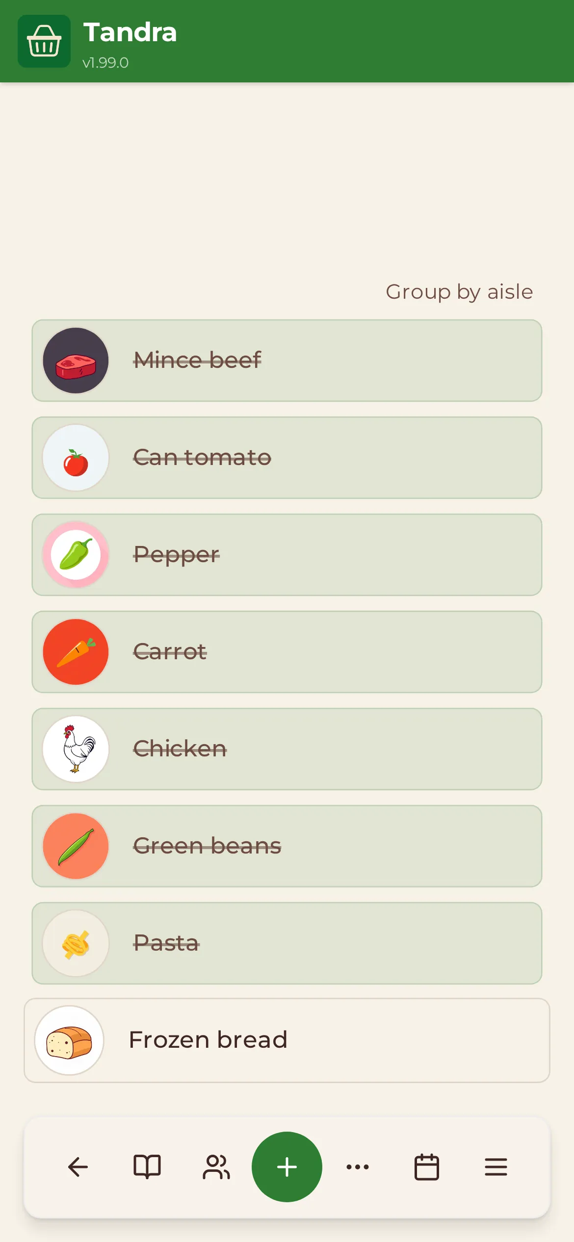 A shared Groceries list in Tandra with items ticked off.