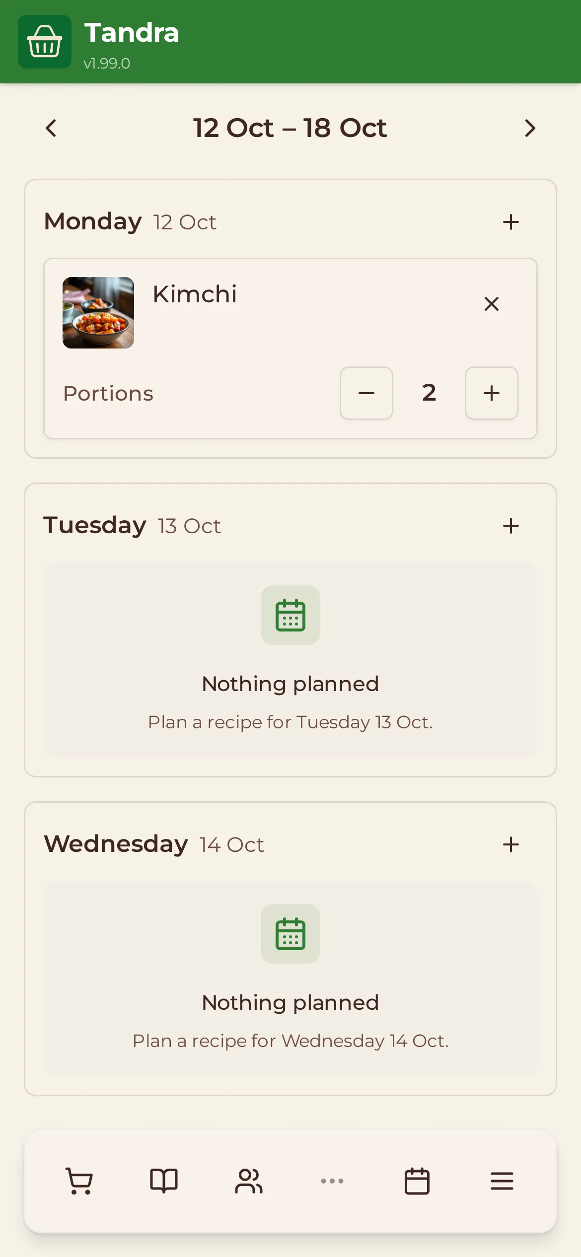 A weekly meal plan in Tandra, with Kimchi planned for Monday at two portions.