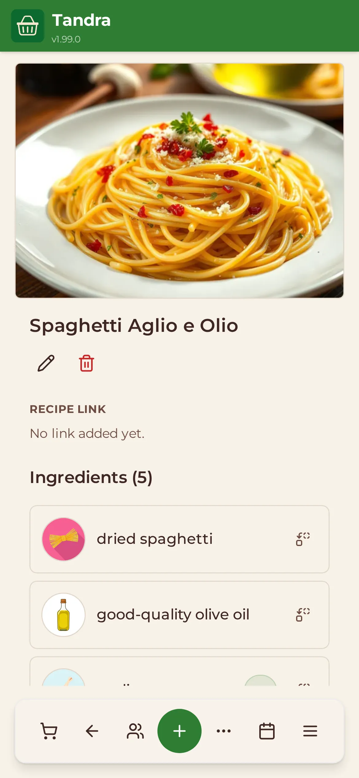 A Spaghetti Aglio e Olio recipe in Tandra, with a photo and its list of ingredients.